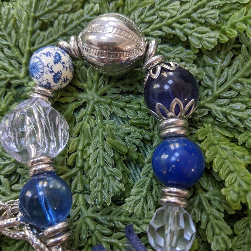 1928 Multi Strand Silver Necklace with blue and clear beads